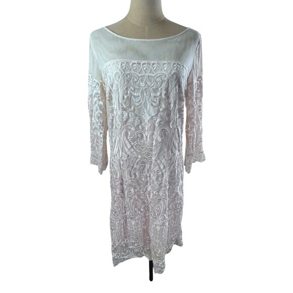 "LAUNDRY" Cream Lace Midi Dress SZ 10 Mesh Sunday Dress Wedding Formal Evening - Picture 1 of 9